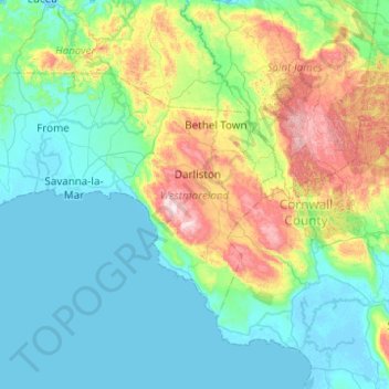 Topografische Karte Westmoreland, Höhe, Relief