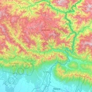 Topografische Karte Champawat District, Höhe, Relief