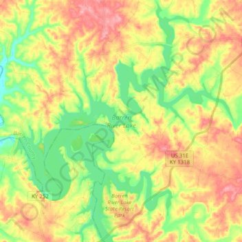 Topografische Karte Barren River Lake, Höhe, Relief