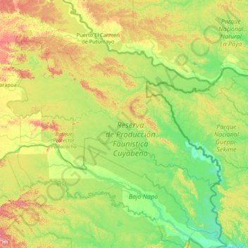 Topografische Karte Cuyabeno, Höhe, Relief