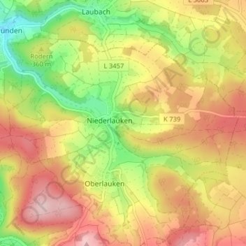Topografische Karte Niederlauken, Höhe, Relief