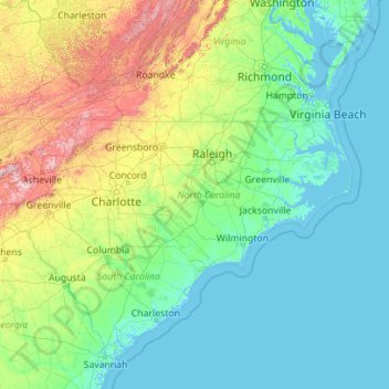 Topografische Karte Nord-Carolina, Höhe, Relief