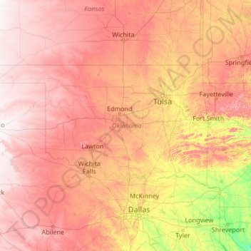 Topografische Karte Oklahoma, Höhe, Relief