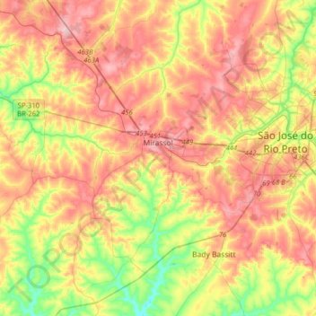 Topografische Karte Mirassol, Höhe, Relief