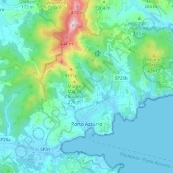 Topografische Karte Porto Azzurro, Höhe, Relief