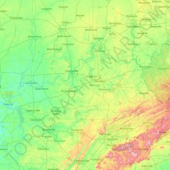 Topografische Karte Kentucky, Höhe, Relief