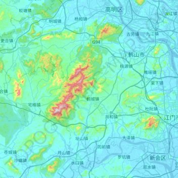 Topografische Karte 鹤山市, Höhe, Relief