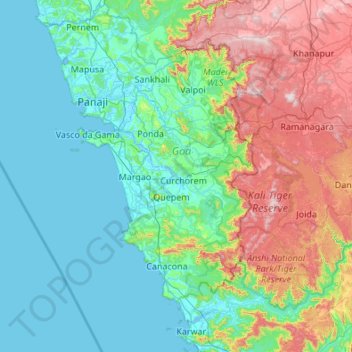 Topografische Karte Goa, Höhe, Relief