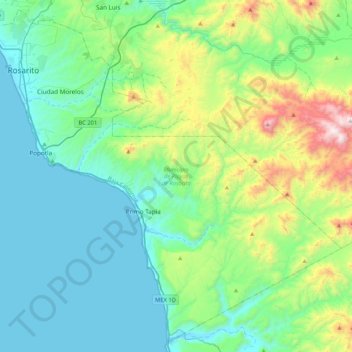 Topografische Karte Municipio de Playas de Rosarito, Höhe, Relief