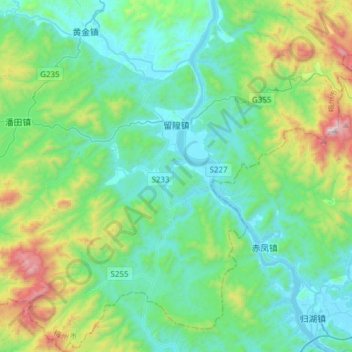 Topografische Karte 留隍镇, Höhe, Relief