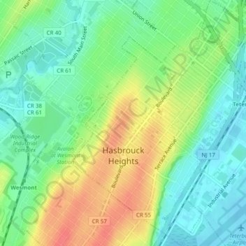 Topografische Karte Hasbrouck Heights, Höhe, Relief