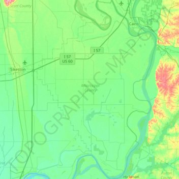Topografische Karte Mississippi County, Höhe, Relief