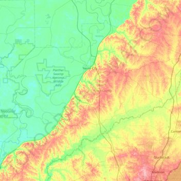 Topografische Karte Yazoo County, Höhe, Relief
