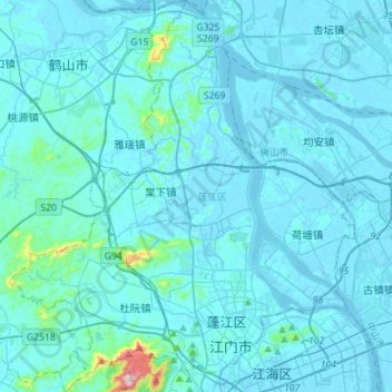 Topografische Karte 蓬江区, Höhe, Relief