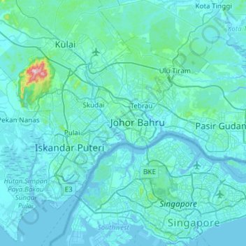 Topografische Karte Johor Bahru, Höhe, Relief