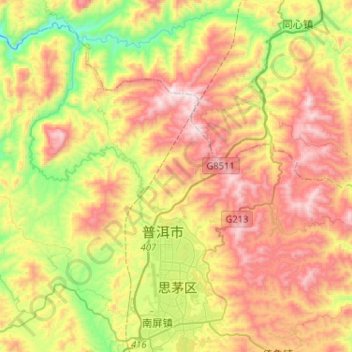 Topografische Karte 思茅镇, Höhe, Relief