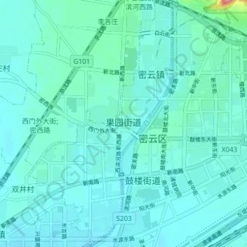 Topografische Karte 果园街道, Höhe, Relief