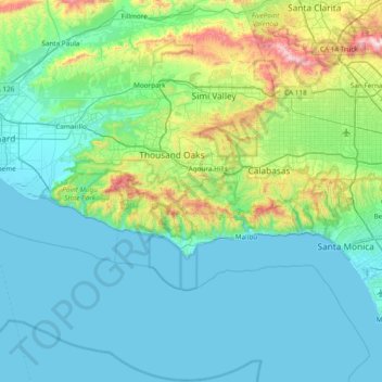 Topografische Karte Santa Monica Mountains National Recreation Area, Höhe, Relief