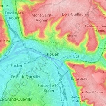 Topografische Karte Rouen, Höhe, Relief