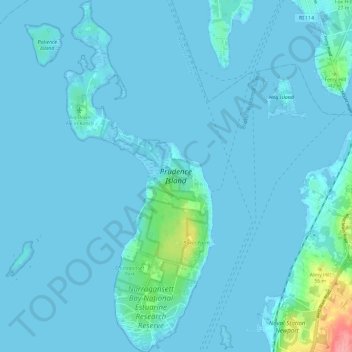 Topografische Karte Prudence Island, Höhe, Relief
