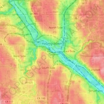 Topografische Karte Youngstown, Höhe, Relief