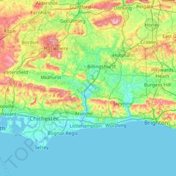 Topografische Karte West Sussex, Höhe, Relief