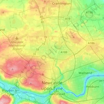 Topografische Karte Newcastle upon Tyne, Höhe, Relief