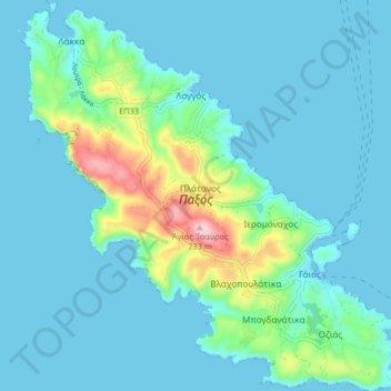 Topografische Karte Paxos, Höhe, Relief