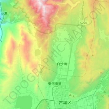 Topografische Karte 束河街道, Höhe, Relief