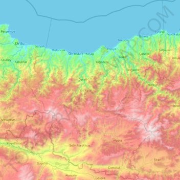 Topografische Karte Giresun, Höhe, Relief