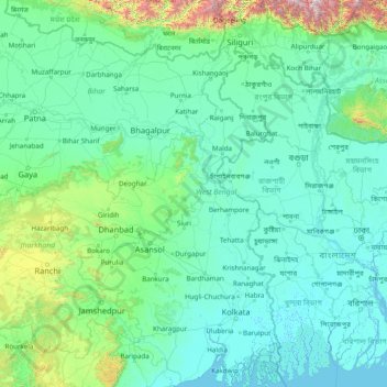 Topografische Karte West Bengal, Höhe, Relief