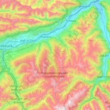 Topografische Karte Tuxer Alpen, Höhe, Relief