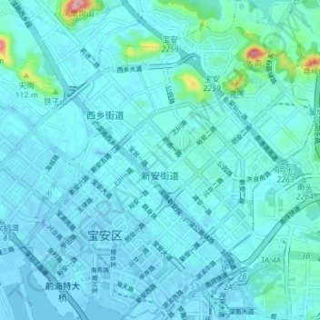 Topografische Karte 新安街道, Höhe, Relief