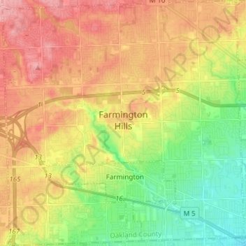 Topografische Karte Farmington Hills, Höhe, Relief