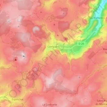 Topografische Karte Compains, Höhe, Relief