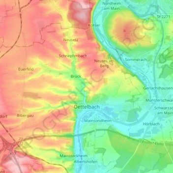 Topografische Karte Dettelbach, Höhe, Relief