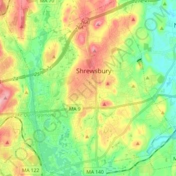Topografische Karte Shrewsbury, Höhe, Relief