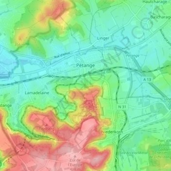 Topografische Karte Petingen, Höhe, Relief