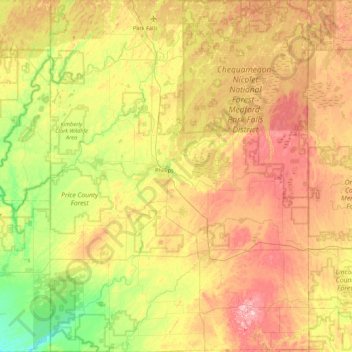 Topografische Karte Price County, Höhe, Relief