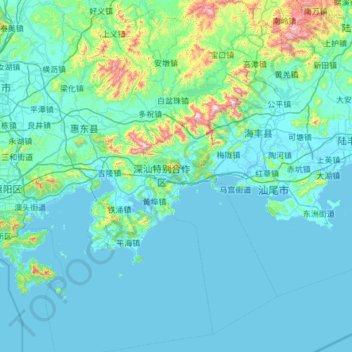 Topografische Karte 惠东县, Höhe, Relief