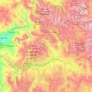 Topografische Karte Gunnison County, Höhe, Relief