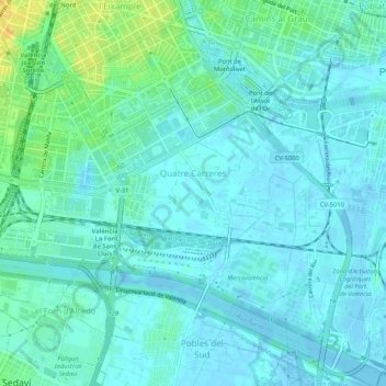 Topografische Karte Quatre Carreres, Höhe, Relief