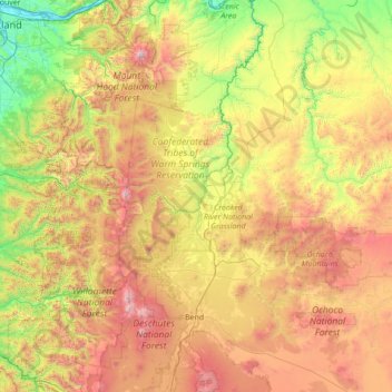 Topografische Karte Deschutes River, Höhe, Relief