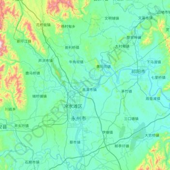 Topografische Karte 冷水滩区, Höhe, Relief
