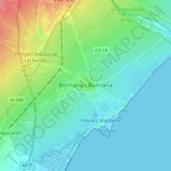 Topografische Karte Burriana, Höhe, Relief