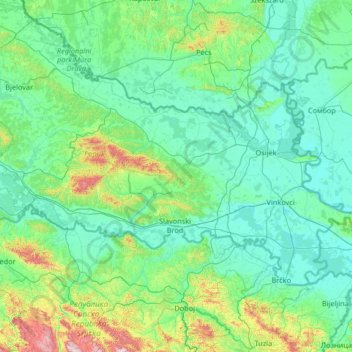 Topografische Karte Slawonien, Höhe, Relief