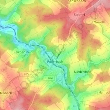 Topografische Karte Puderbach, Höhe, Relief