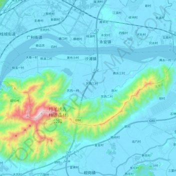 Topografische Karte 沙浦镇, Höhe, Relief