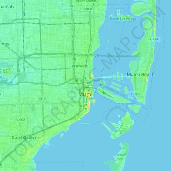 Topografische Karte Miami, Höhe, Relief