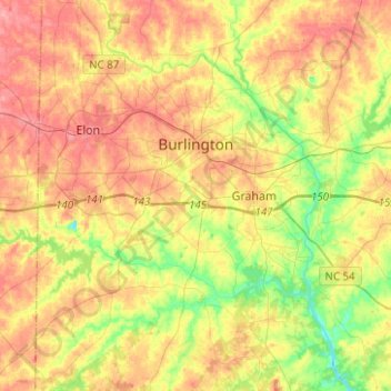 Topografische Karte Burlington, Höhe, Relief